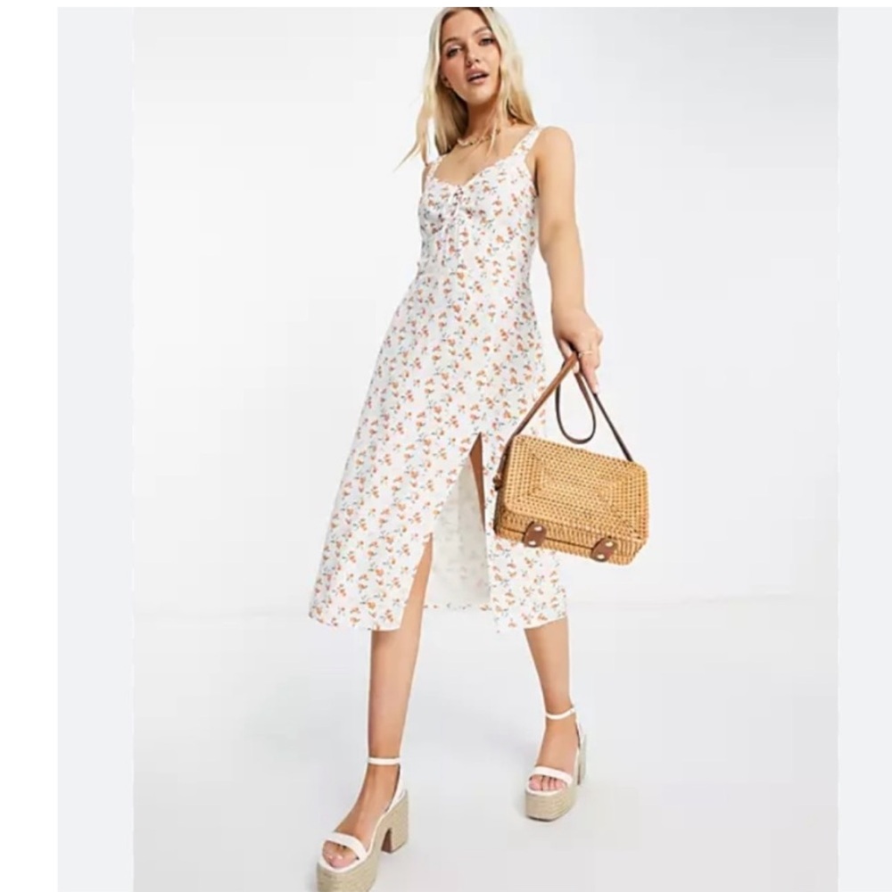 Abercrombie & Fitch Peach Pattern Side Slit Cinch Front Midi Dress Size M